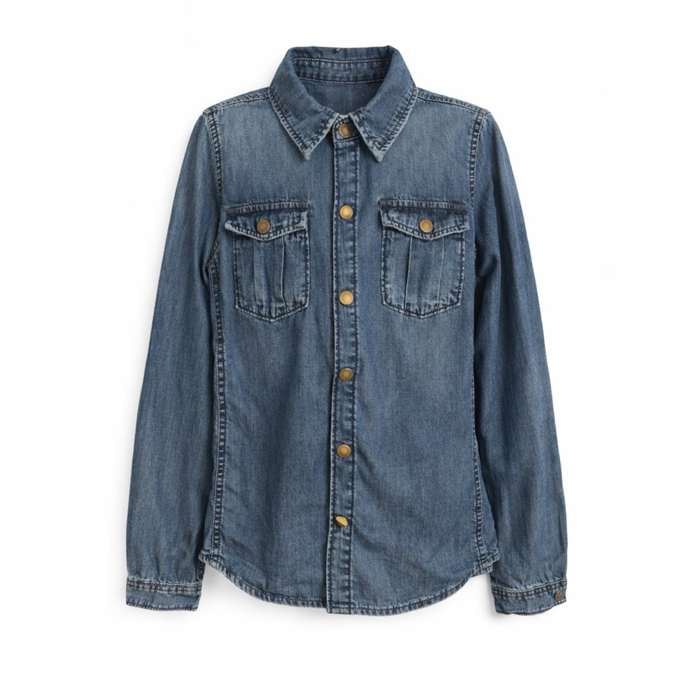 NWT Blank NYC Dark Wash Long Sleeve Chambray Button Down Shirt Girls Size S NEW